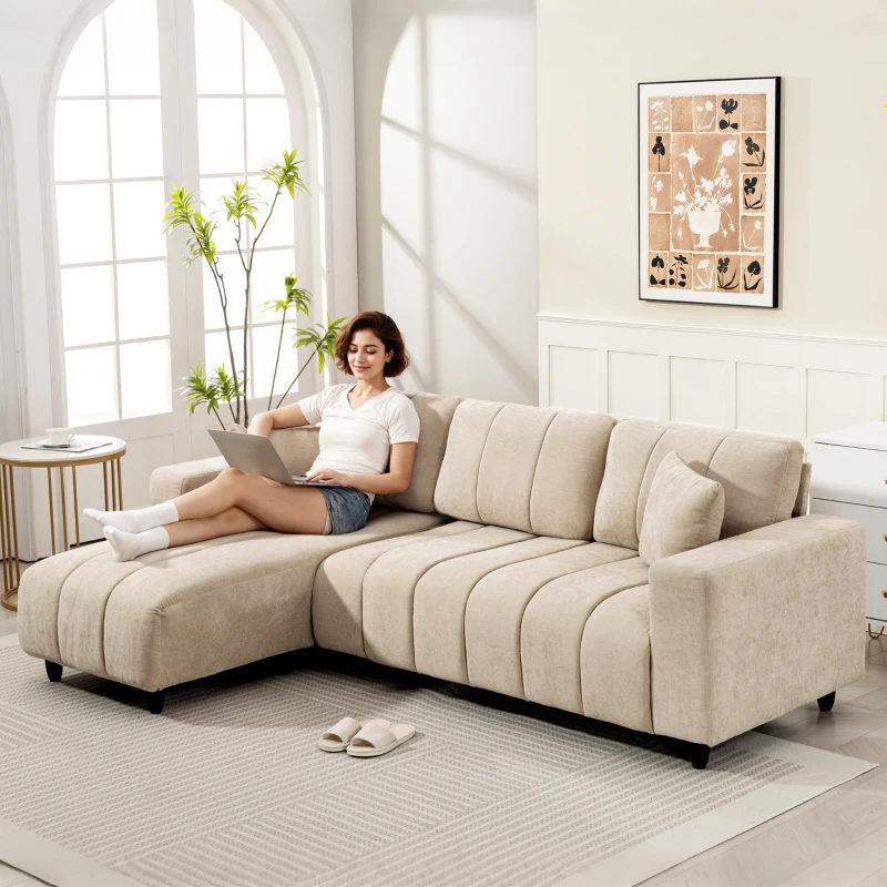 HOMCOM Sectional Couch with Integrated Seat, 3 Seater L-Shaped Sofa with Changeable Chaise, Spring Cushion, 2 Pillows, Beige