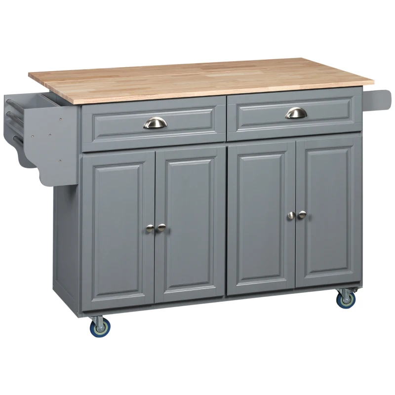 HOMCOM Kitchen Island with Storage, Rolling Kitchen Island with Drop Leaf, Rubber Wood Top and Adjustable Shelves, Grey