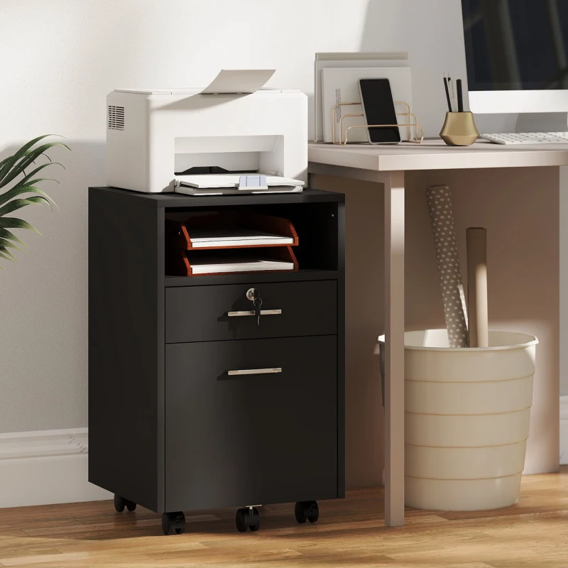 Vinsetto Small Filing Cabinet with 2 Drawers, Lockable Home Office Storage Cabinets on Wheels for A4, Letter Size, Black