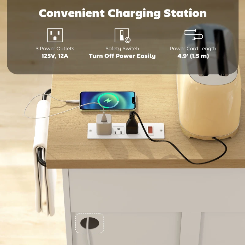 HOMCOM Farmhouse Kitchen Island Cart with Power Outlet and Soft-Close Doors, 49" Kitchen Island with 3 Drawers, White