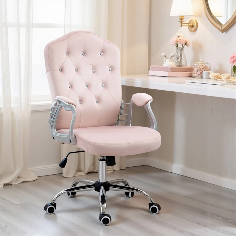Vinsetto Office Chair, Velvet Computer Chair, Button Tufted Desk Chair with Swivel Wheels, Adjustable Height, Tilt Function, Pink