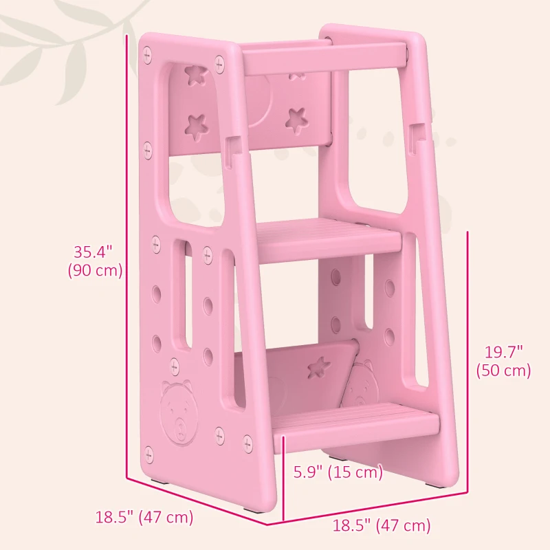 Qaba Toddler Kitchen Helper 2 Step Stool with Adjustable Height Platform and Safety Rail, Pink