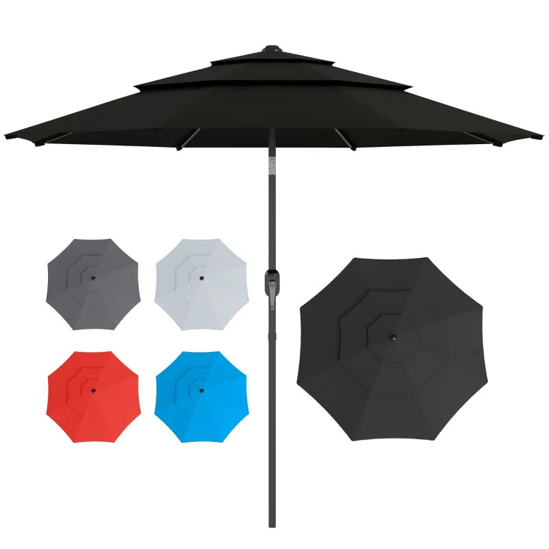 Outsunny 9FT 3 Tiers Patio Umbrella Parasol with Crank, Push Button Tilt for Deck, Backyard and Lawn, Black