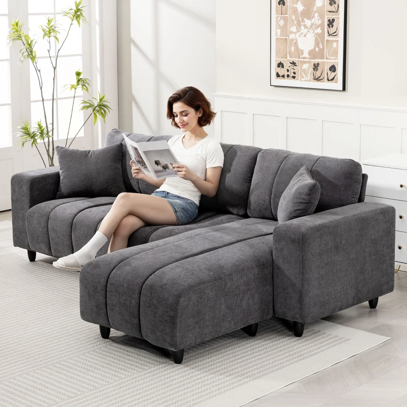 HOMCOM Sectional Couch with Integrated Seat, 3 Seater L-Shaped Sofa with Changeable Chaise, Spring Cushion, 2 Pillows, Grey