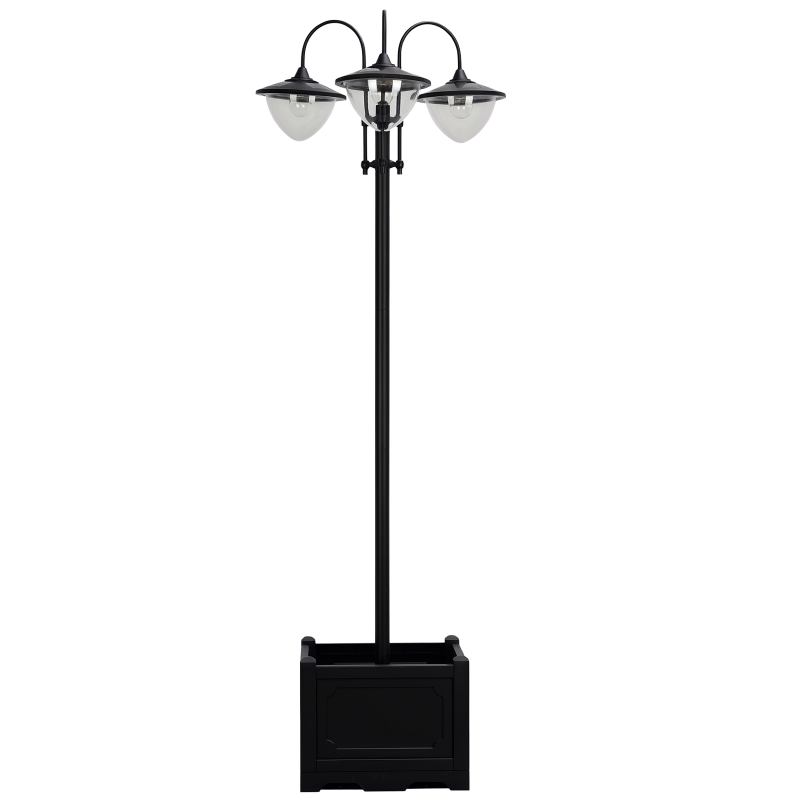 Outsunny 3-head LED Solar Light Lamp Street Light Post with Planter, Solar-powered Lamp Post, Black