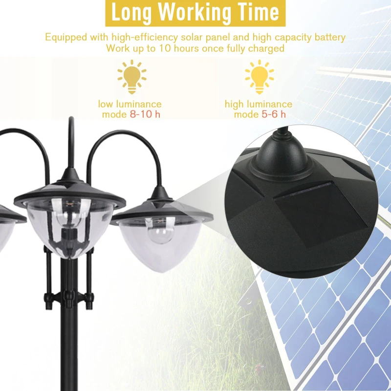 Outsunny 3-head LED Solar Light Lamp Street Light Post with Planter, Solar-powered Lamp Post, Black