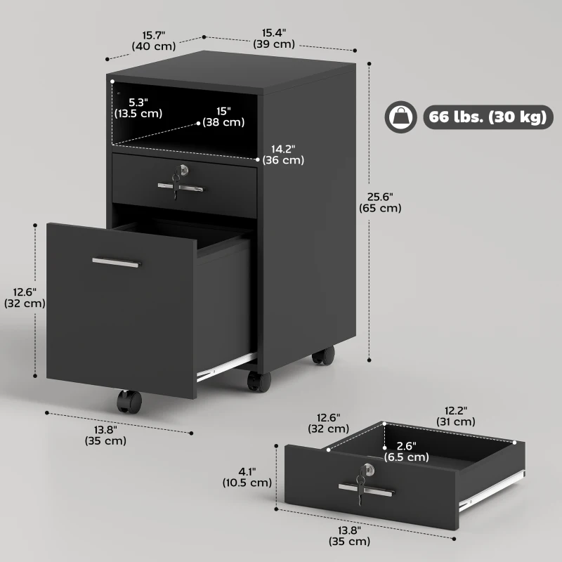 Vinsetto Small Filing Cabinet with 2 Drawers, Lockable Home Office Storage Cabinets on Wheels for A4, Letter Size, Black