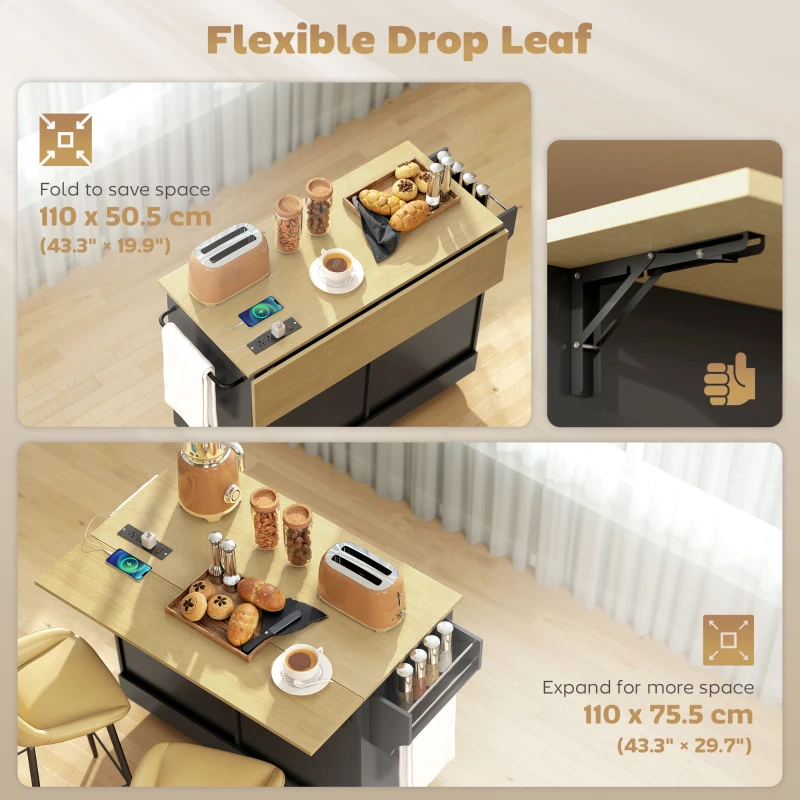 HOMCOM Farmhouse Kitchen Island Cart with Power Outlet and Soft-Close Doors, 49" Kitchen Island with 3 Drawers, Black