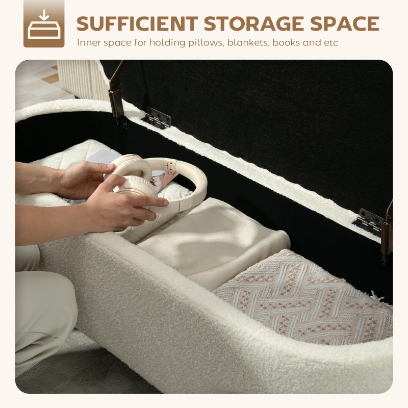 HOMCOM Storage Ottoman with Lift-Up Lid and Steel Legs, 45 Inches Sherpa Fleece Storage Chest for Living Room, Cream White