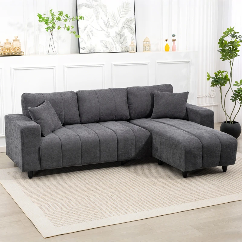 HOMCOM Sectional Couch with Integrated Seat, 3 Seater L-Shaped Sofa with Changeable Chaise, Spring Cushion, 2 Pillows, Grey