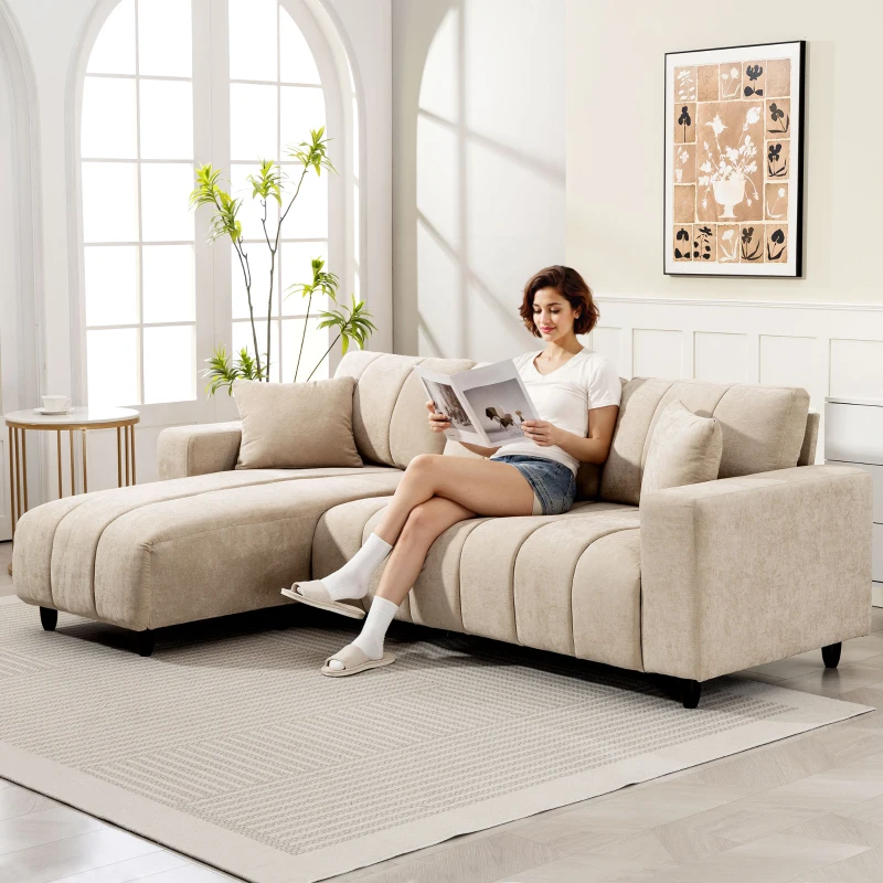 HOMCOM Sectional Couch with Integrated Seat, 3 Seater L-Shaped Sofa with Changeable Chaise, Spring Cushion, 2 Pillows, Beige