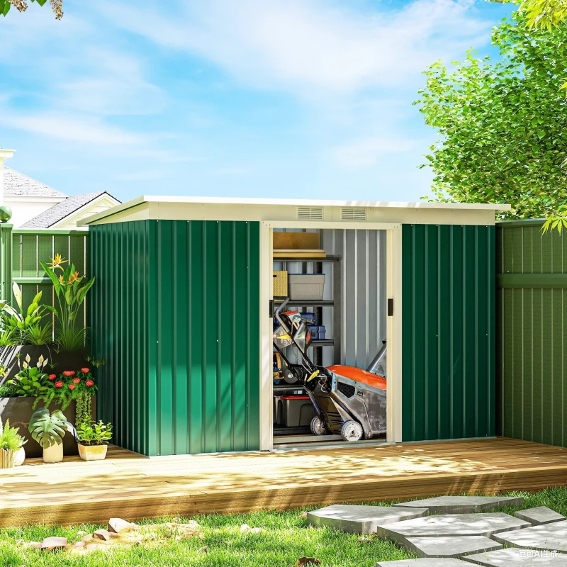 Outsunny 9' x 4' Garden Tool Shed Metal Storage Shed Outdoor Equipment Tool Box with Foundation Kit, Ventilation & Doors, Dark Green