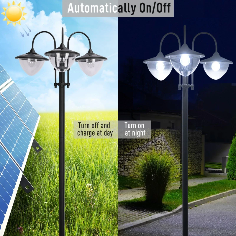 Outsunny 3-head LED Solar Light Lamp Street Light Post with Planter, Solar-powered Lamp Post, Black