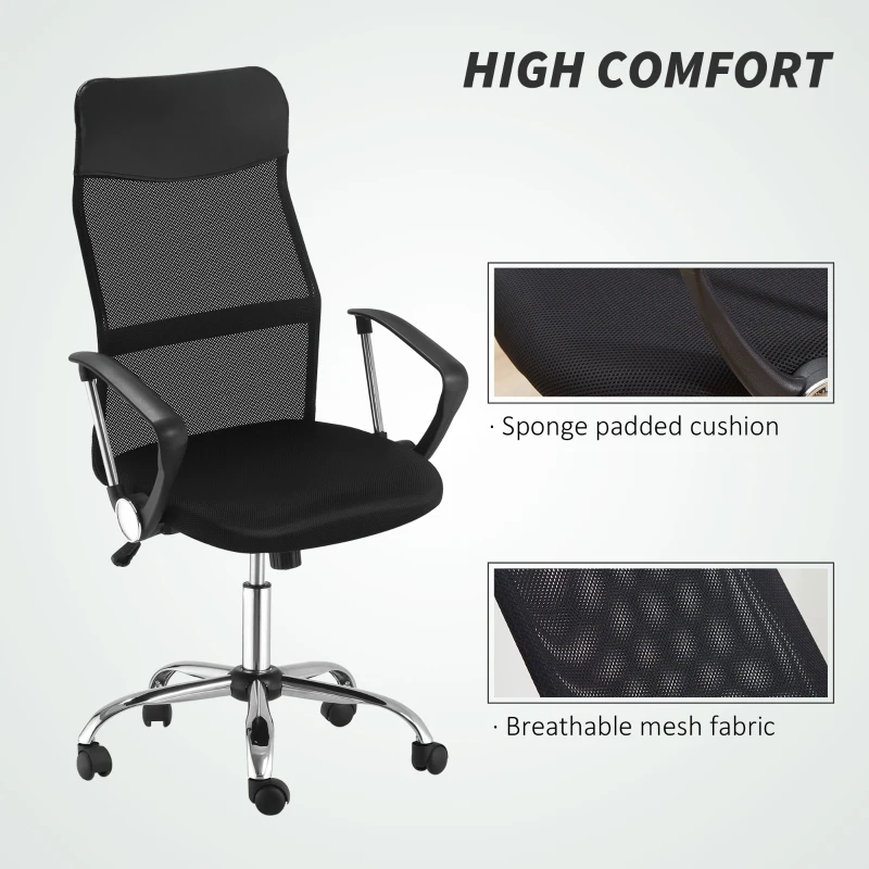 HOMCOM Ergonomic Mesh Office Chair, High Back Computer Desk Chair with Adjustable Height, Tilt Function, Armrest, 360° Swivel for Home Office, Black