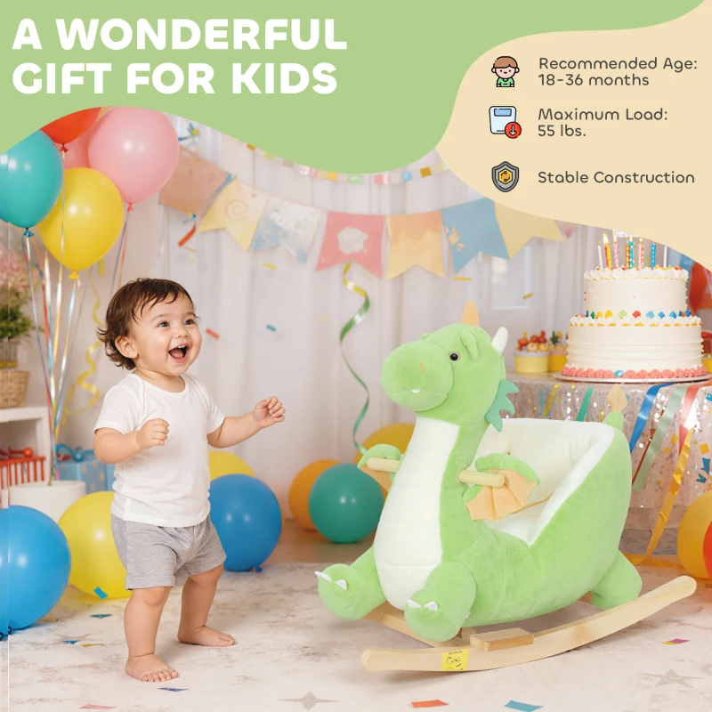 Qaba Baby Rocking Horse, Kids Ride On Dragon Toy with Realistic Dragon Roar and Safety Belt for Kids 18–36 Months, Green