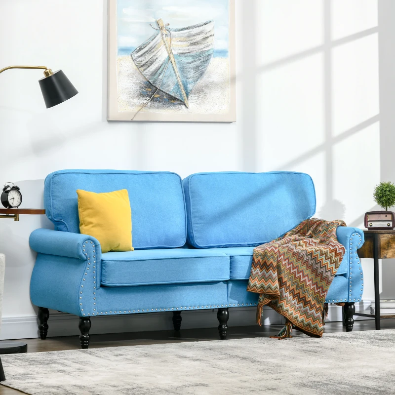 HOMCOM Stylish Midback Double Sofa with Sponge Padding, 2 Seater Sofa Couch, with Rubber Wood Leg, Light Blue
