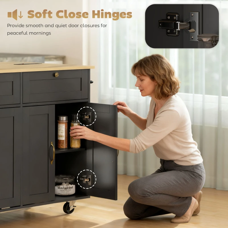 HOMCOM Kitchen Island Cart with Charging Station and Drop Leaf, Kitchen Island Table on Wheels with Trash Can Cabinet, Black