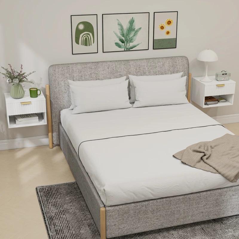 HOMCOM Floating Nightstands, Wall Mounted Bedside Tables Set of 2 with Drawer and Open Shelf, White