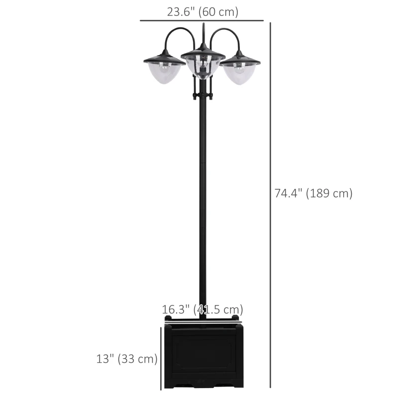 Outsunny 3-head LED Solar Light Lamp Street Light Post with Planter, Solar-powered Lamp Post, Black