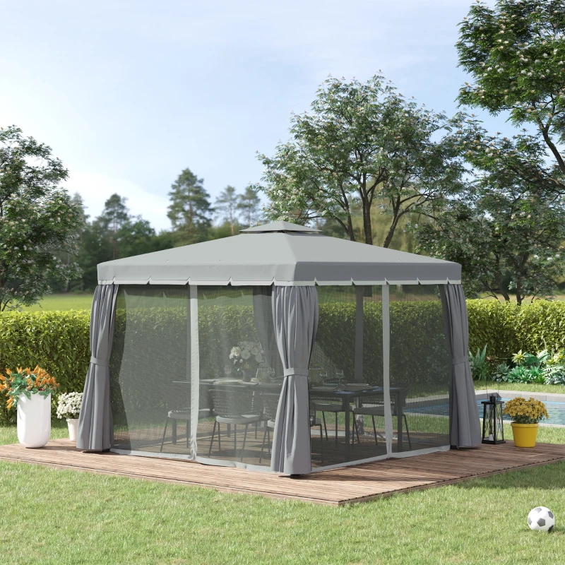 Outsunny 10' x 10' 2-Tier Outdoor Gazebo Canopy Tent with Zippered Mesh Sidewalls, Aluminum Frame for Patio, Backyard, Dark Grey
