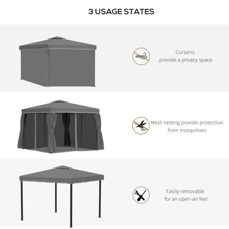 Outsunny 10' x 10' 2-Tier Outdoor Gazebo Canopy Tent with Zippered Mesh Sidewalls, Aluminum Frame for Patio, Backyard, Dark Grey