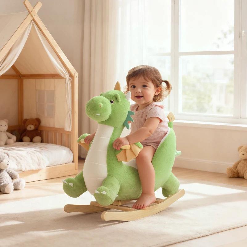 Qaba Baby Rocking Horse, Kids Ride On Dragon Toy with Realistic Dragon Roar and Safety Belt for Kids 18–36 Months, Green