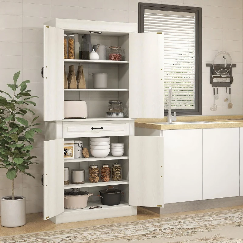 HOMCOM 71" Freestanding Kitchen Pantry with 4 Doors and 2 Cabinets, Tall Storage Cabinet for Kitchen, Distressed White