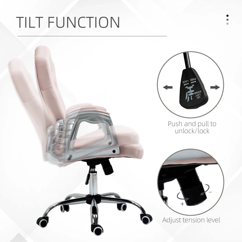 Vinsetto Office Chair, Velvet Computer Chair, Button Tufted Desk Chair with Swivel Wheels, Adjustable Height, Tilt Function, Pink