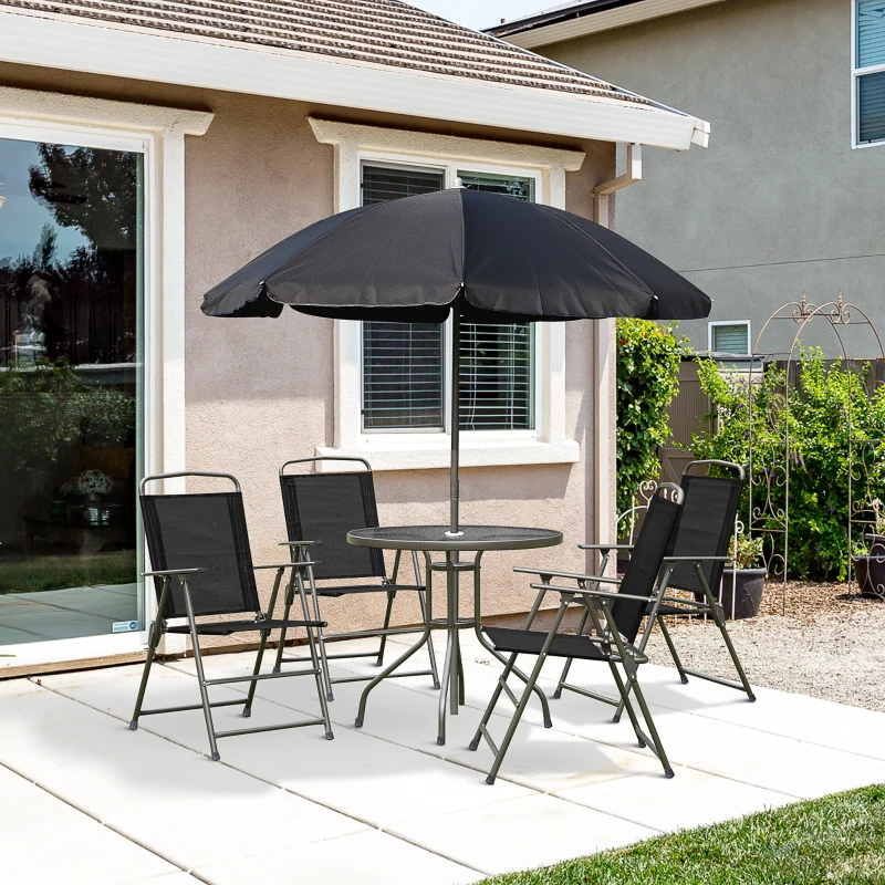 Outsunny 6 Pieces Outdoor Dining Set for 4 with Umbrella Patio Outdoor Furniture Set with Round Table 4 Folding Chairs Black