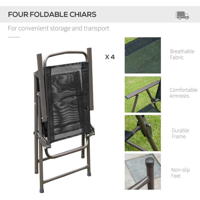 Outsunny 6 Pieces Outdoor Dining Set for 4 with Umbrella Patio Outdoor Furniture Set with Round Table 4 Folding Chairs Black