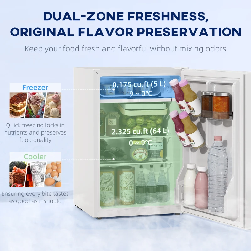 HOMCOM 2.5 Cu.Ft Mini Fridge, Single Door Compact Refrigerator with Freezer, Adjustable Thermostat, Reversible Door, White