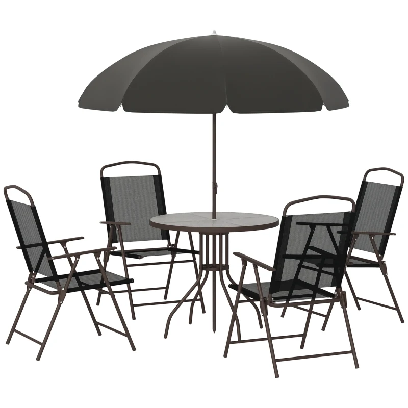 Outsunny 6 Pieces Outdoor Dining Set for 4 with Umbrella Patio Outdoor Furniture Set with Round Table 4 Folding Chairs Black