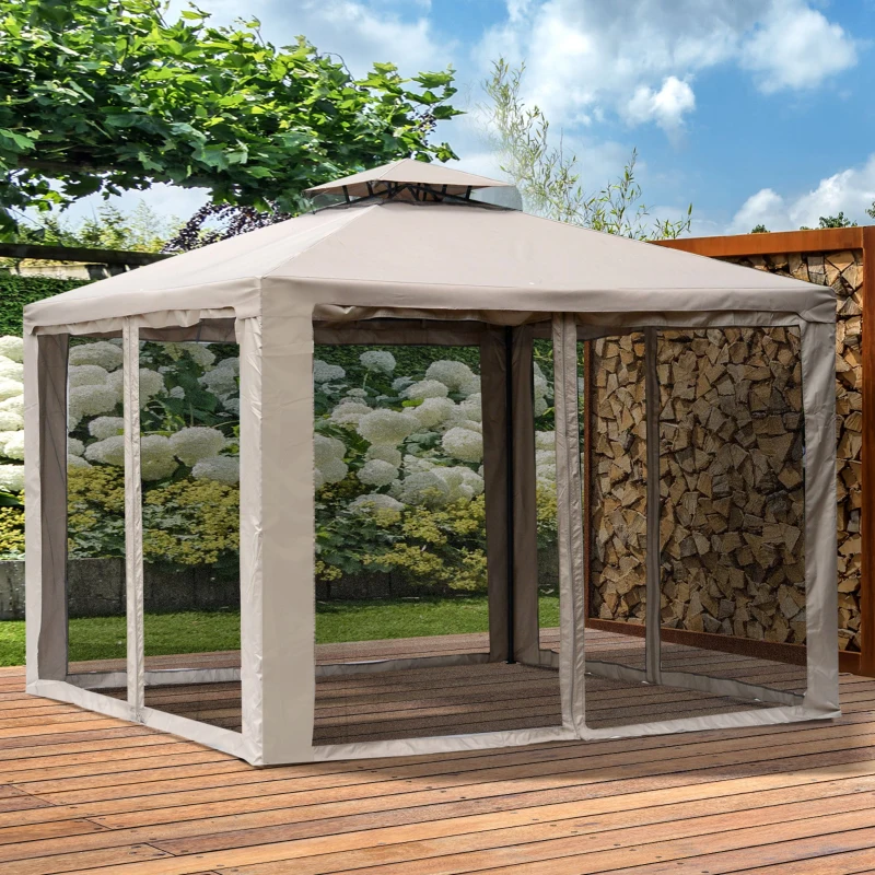 Outsunny 10' x 10' Patio Gazebo Outdoor Pavilion 2 Tire Roof Canopy Shelter Garden Event Party Tent Steel Frame, Brown