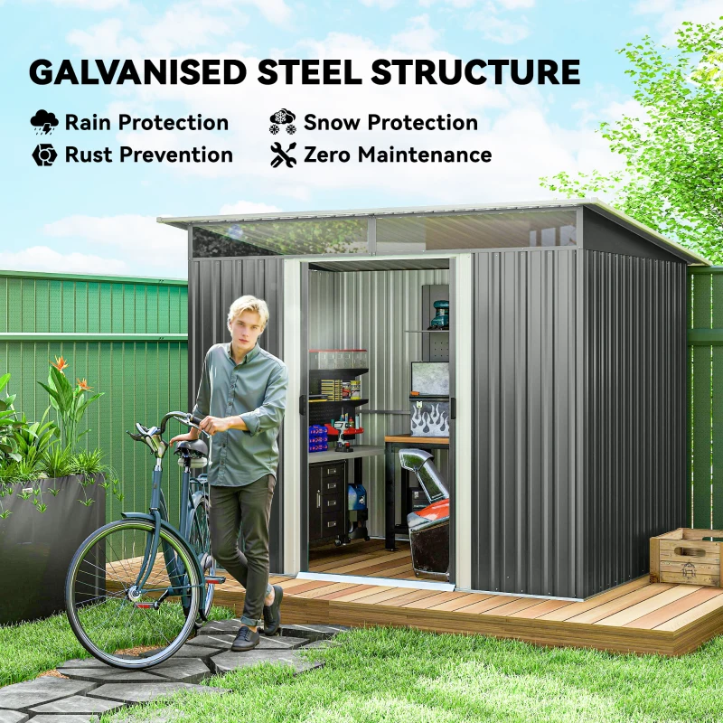 Outsunny 6' x 8.5' Outdoor Metal Garden Shed Utility Tool Storage Steel Backyard House, Dark Grey