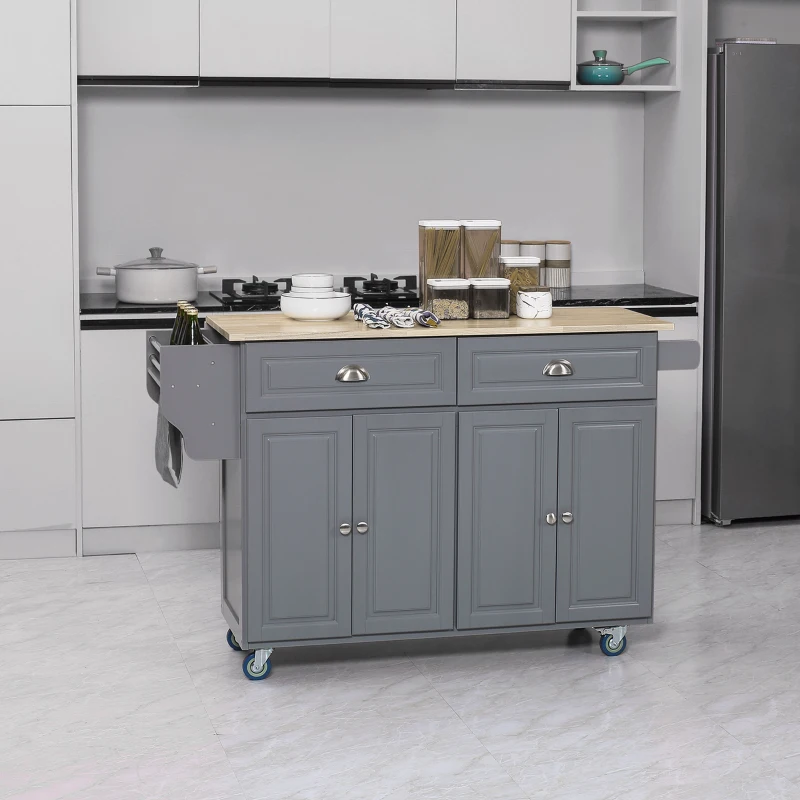 HOMCOM Kitchen Island with Storage, Rolling Kitchen Island with Drop Leaf, Rubber Wood Top and Adjustable Shelves, Grey