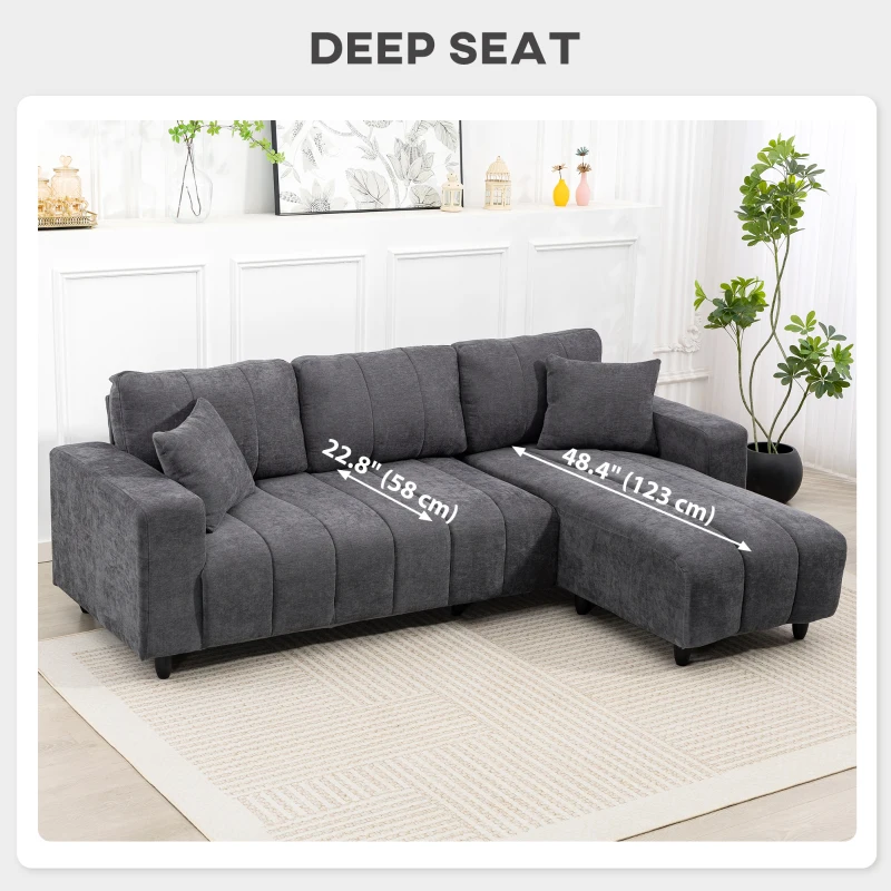 HOMCOM Sectional Couch with Integrated Seat, 3 Seater L-Shaped Sofa with Changeable Chaise, Spring Cushion, 2 Pillows, Grey