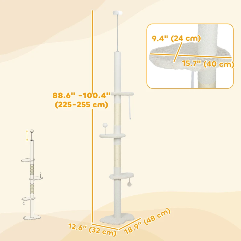 PawHut 88.5"-100.5" Floor to Ceiling Cat Tree, Cat Tower with Scratching Posts, Cloud Shaped Platforms, Dangling Balls, Cream