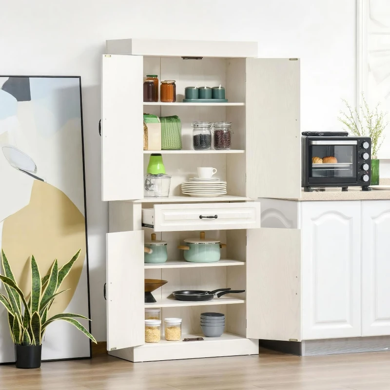 HOMCOM 71" Freestanding Kitchen Pantry with 4 Doors and 2 Cabinets, Tall Storage Cabinet for Kitchen, Distressed White