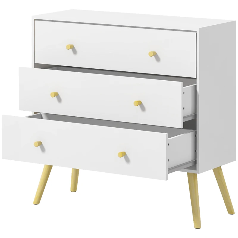HOMCOM White Dresser for Bedroom with 3 Drawers, Morden Chest of Drawers with Solid Wood Legs and Handles, Storage Organizer for Living Room, White