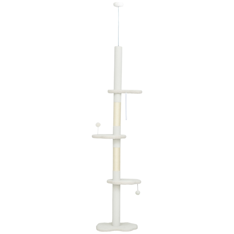 PawHut 88.5"-100.5" Floor to Ceiling Cat Tree, Cat Tower with Scratching Posts, Cloud Shaped Platforms, Dangling Balls, Cream