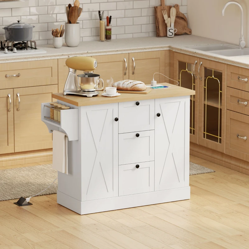 HOMCOM Farmhouse Kitchen Island Cart with Power Outlet and Soft-Close Doors, 49" Kitchen Island with 3 Drawers, White