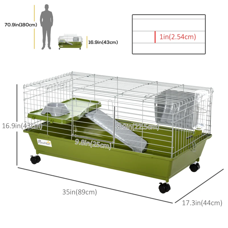 PawHut Small Animal Cage, Rolling Bunny Cage, Guinea Pig Cage with Food Dish, Water Bottle, Hay Feeder, Platform, Ramp, Green