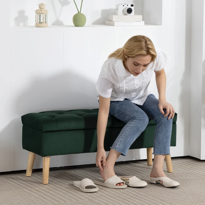 HOMCOM Storage Ottoman with Lid, Velvet Upholstered Storage Bench with Wood Legs for Living Room, Dark Green