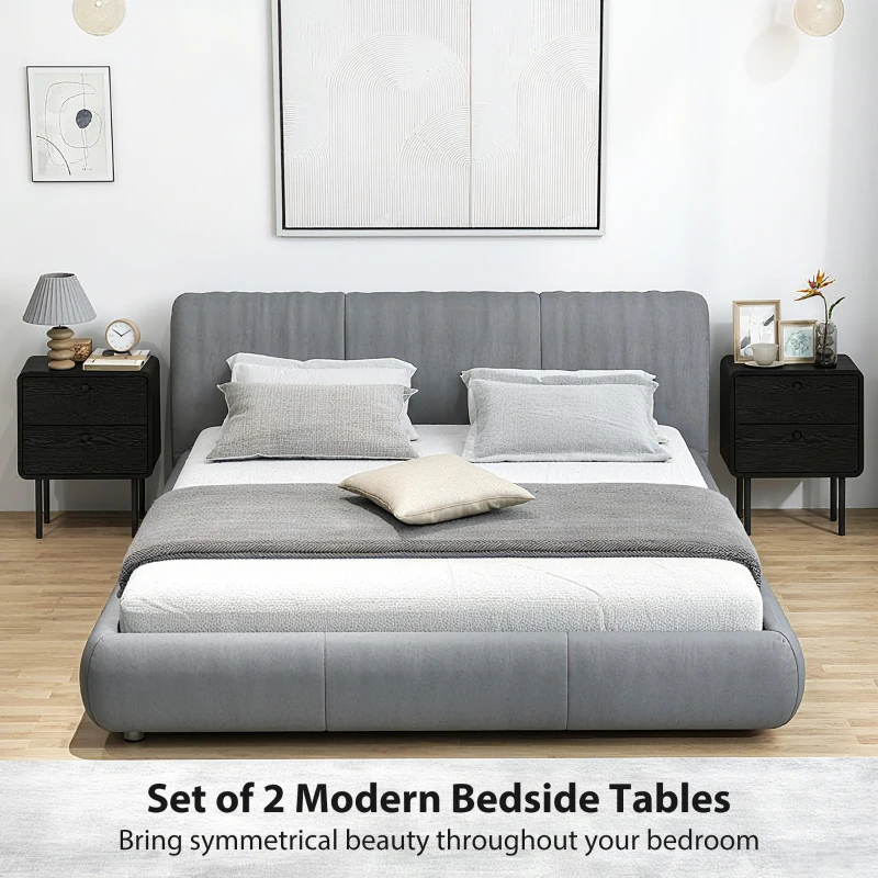 HOMCOM Modern Bedside Tables Set of 2, 2 Pieces Nightstands with 2 Storage Drawers and Steel Legs for Bedroom, Black Wood Grain