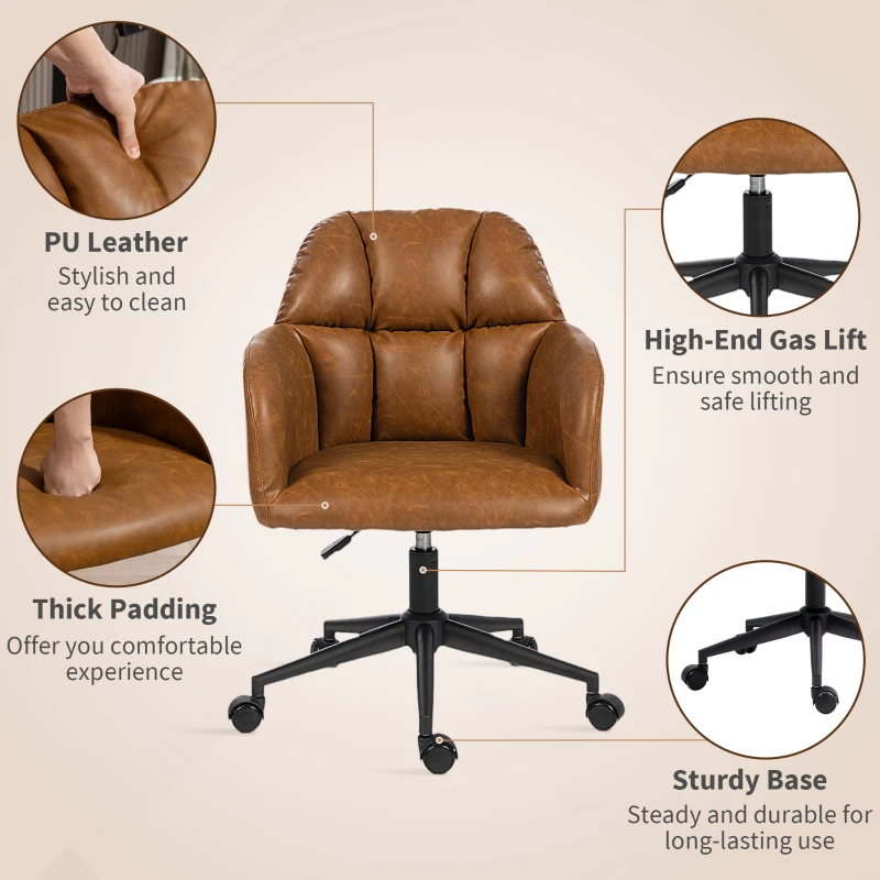 HOMCOM Swivel Office Chair, Faux Leather Desk Chair with Adjustable Height, Study, Brown