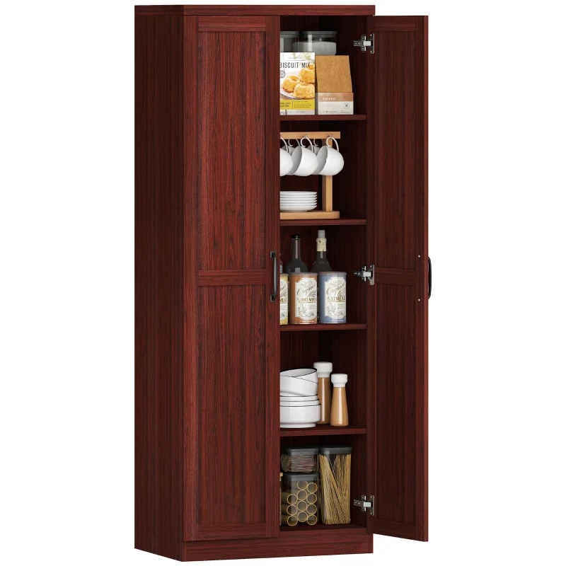 HOMCOM 63" 2-Door Kitchen Pantry, Freestanding Storage Cabinet with 5-tier Shelving and 2 Adjustable Shelves for Dining Room, Cherry Wood Color