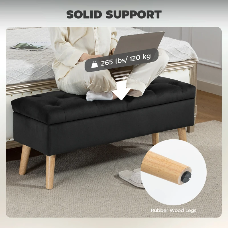 HOMCOM Storage Ottoman with Lid, Velvet Upholstered Storage Bench with Wood Legs for Living Room, Black