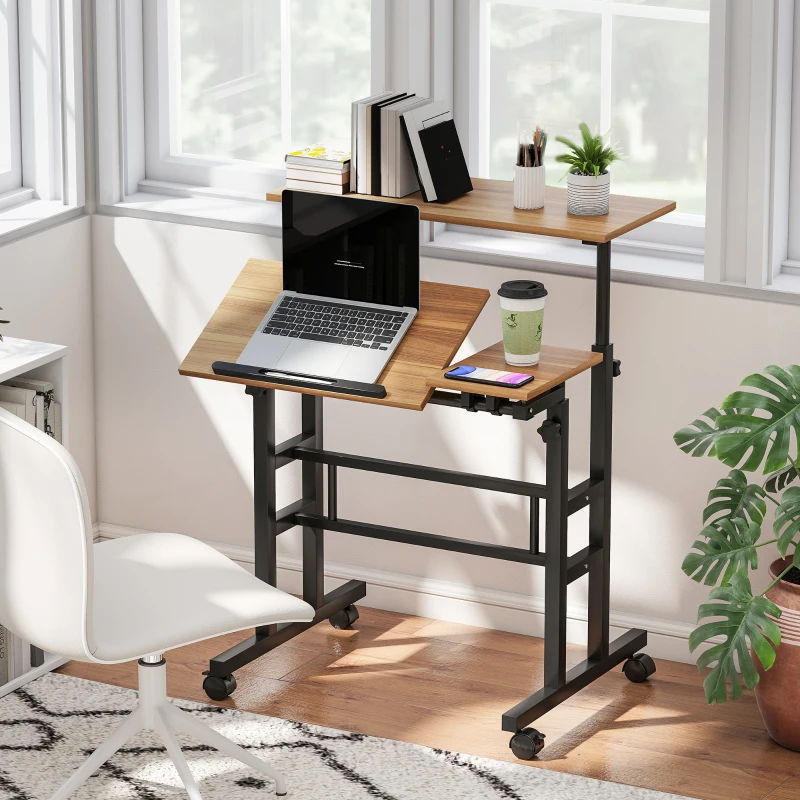 HOMCOM Mobile Stand Up Desk, Height & Angle Adjustable Computer Desk with Wheels for Standing or Sitting, Laptop Desk, Brown