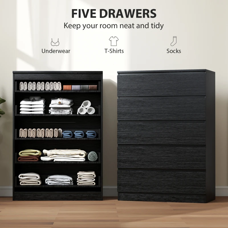 HOMCOM Dresser for Bedroom with 5 Drawers, Modern Chest of Drawers for Living Room, Closet, Hallway, Black
