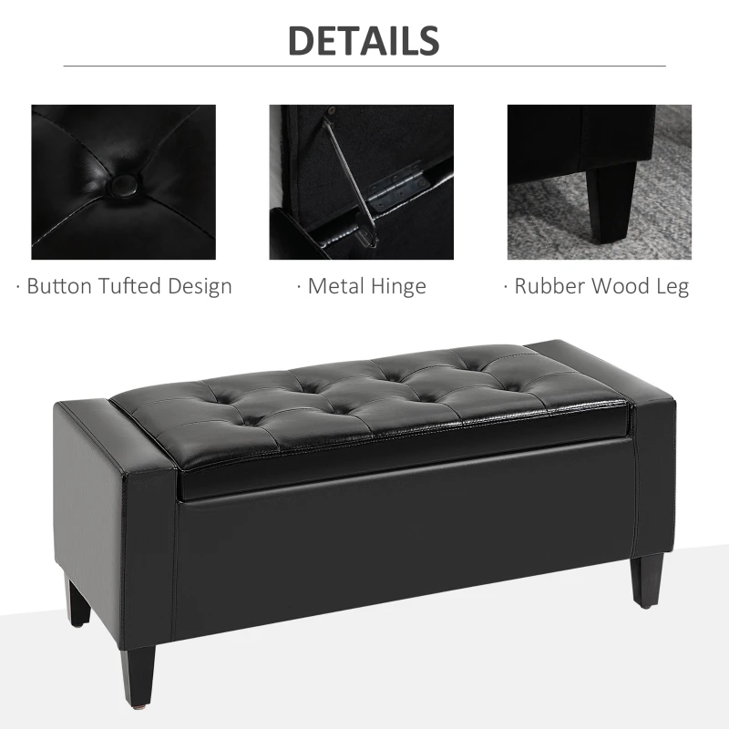 HOMCOM Storage Ottoman Bench, PU Leather Upholstered Bench with Tufted Design, Black